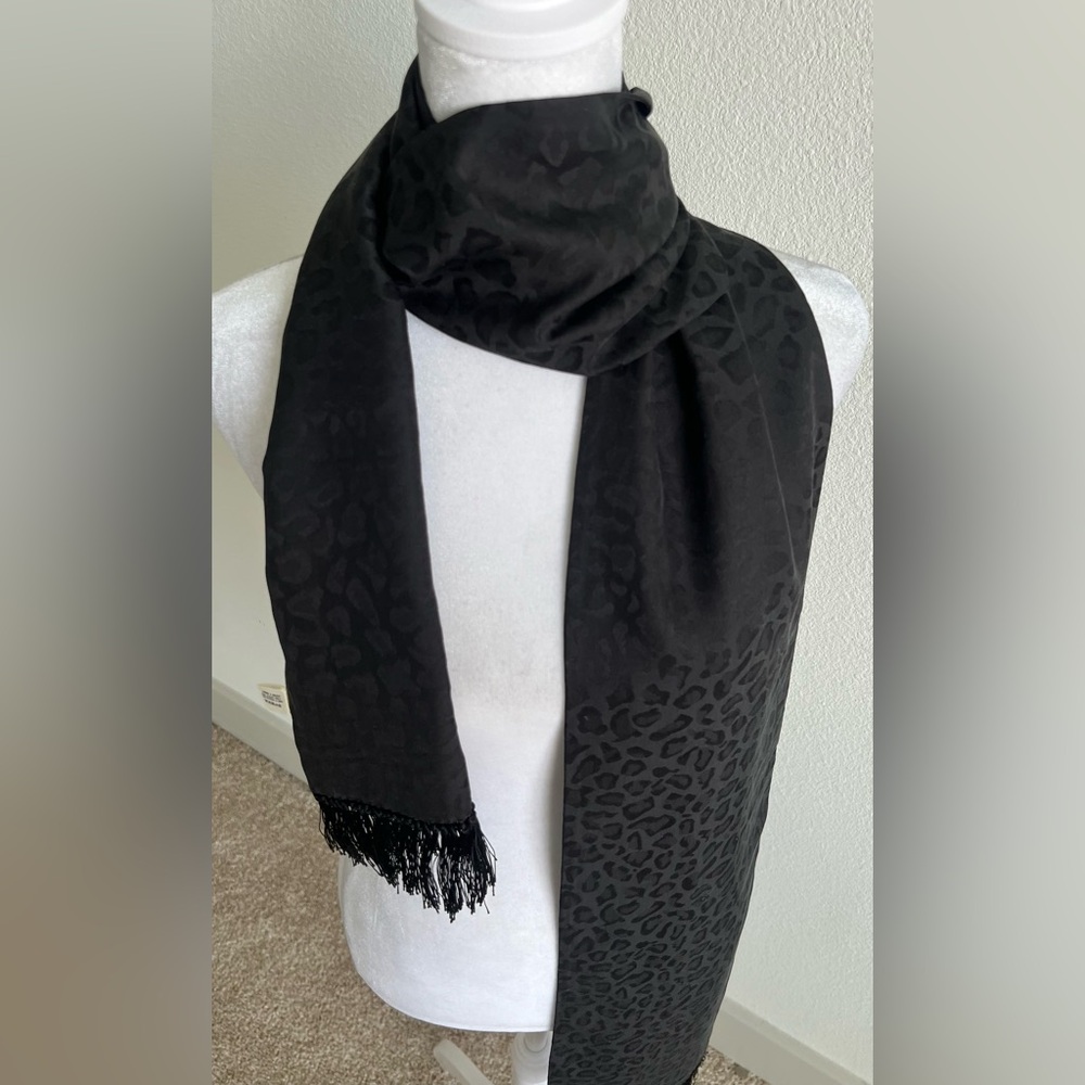 Saint Laurent Silk Black Leopard Patterned Opera Scarf with fringe